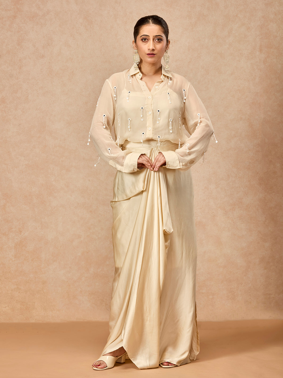 Soft ivory women sheer jacket indo western suit