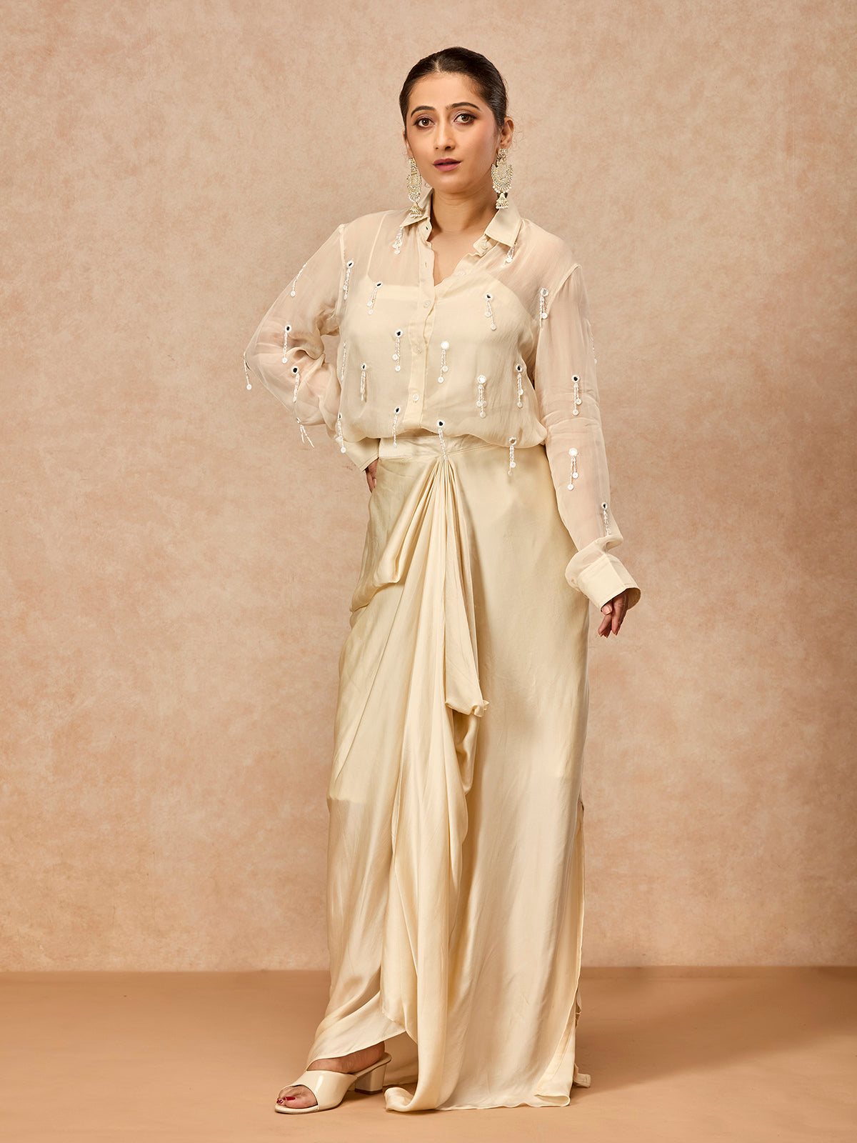 Soft ivory women sheer jacket indo western suit