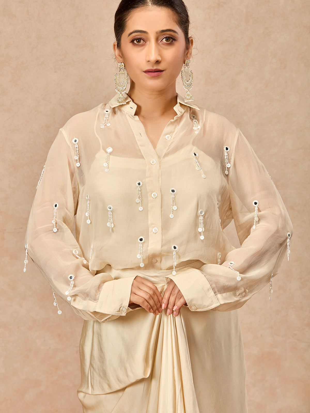 Soft ivory women sheer jacket indo western suit