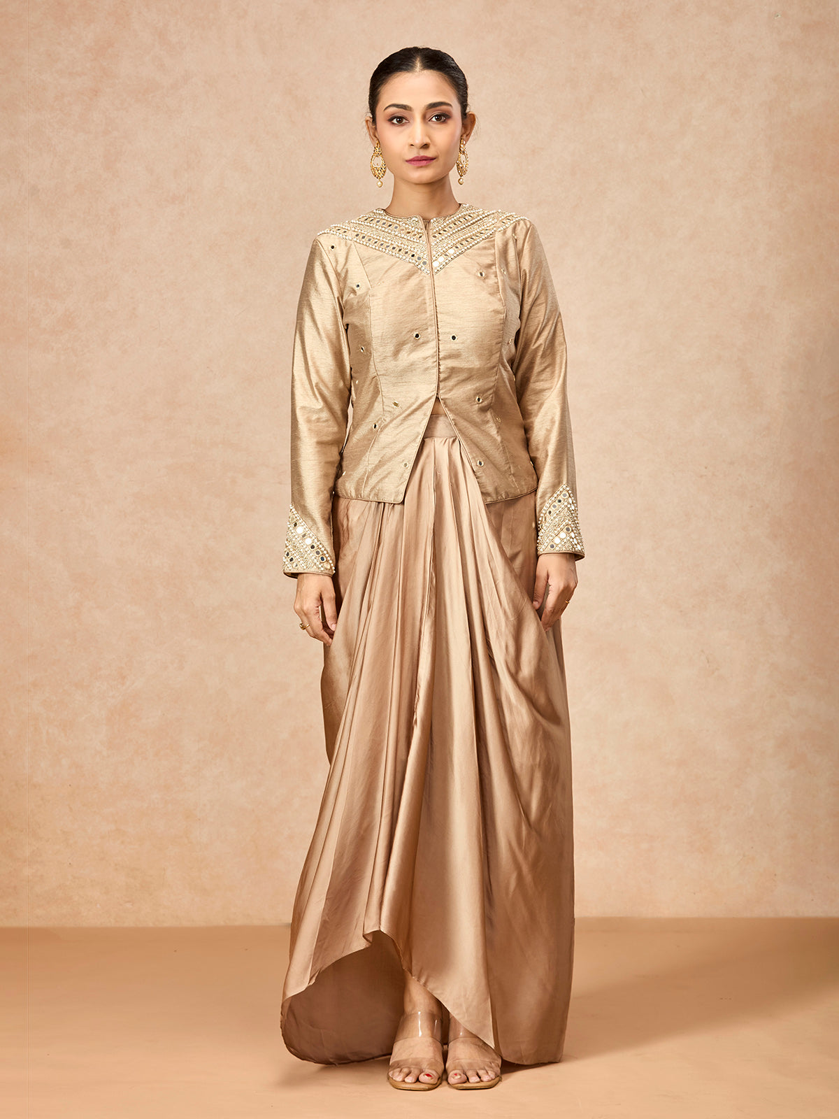 Champagne gold women embellished jacket indo western suit