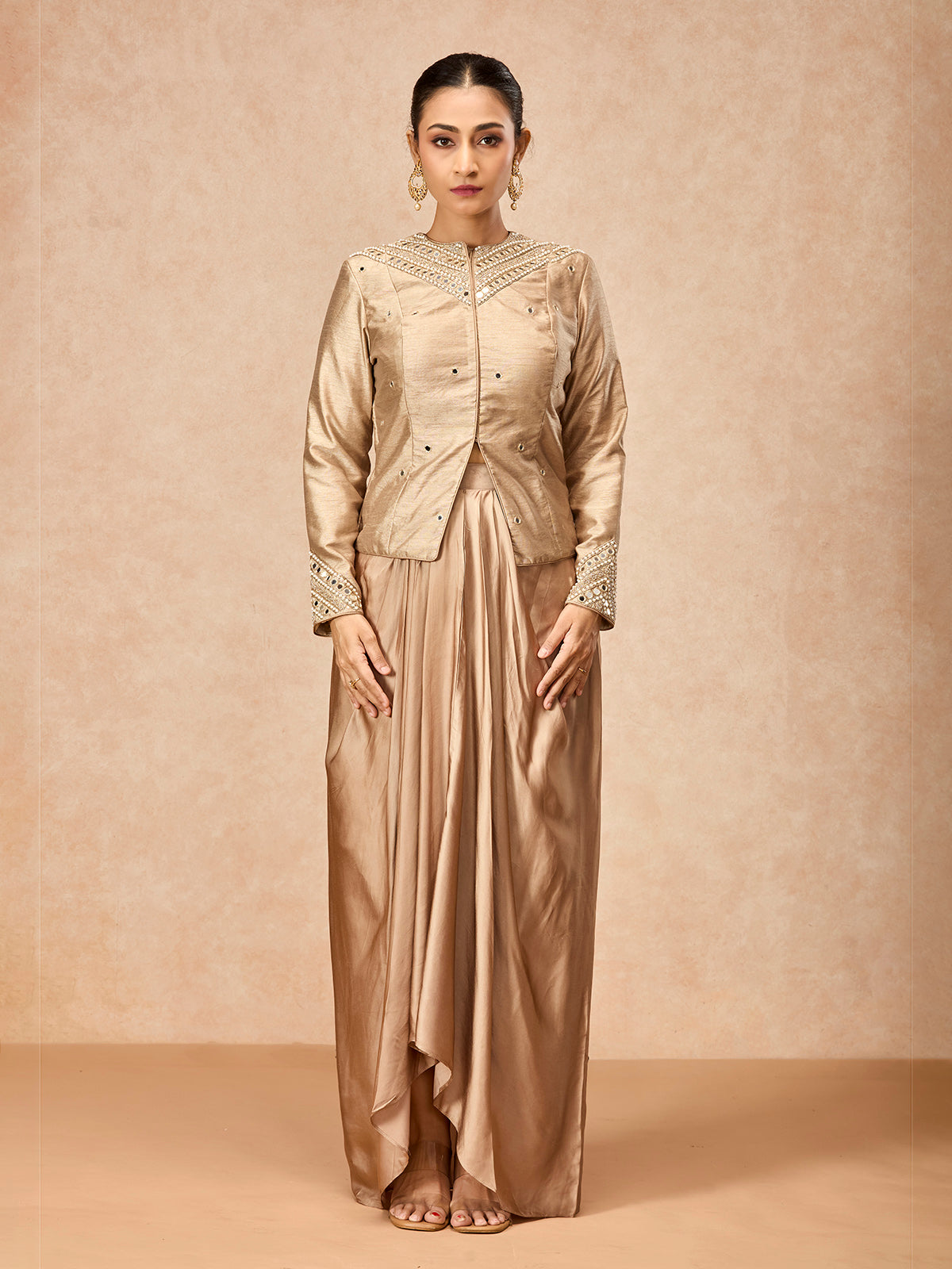 Champagne gold women embellished jacket indo western suit