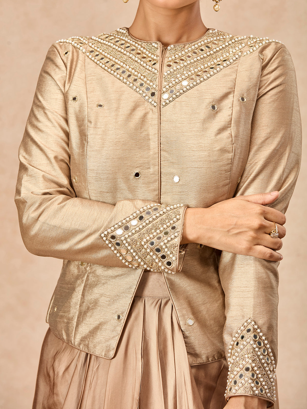 Champagne gold women embellished jacket indo western suit