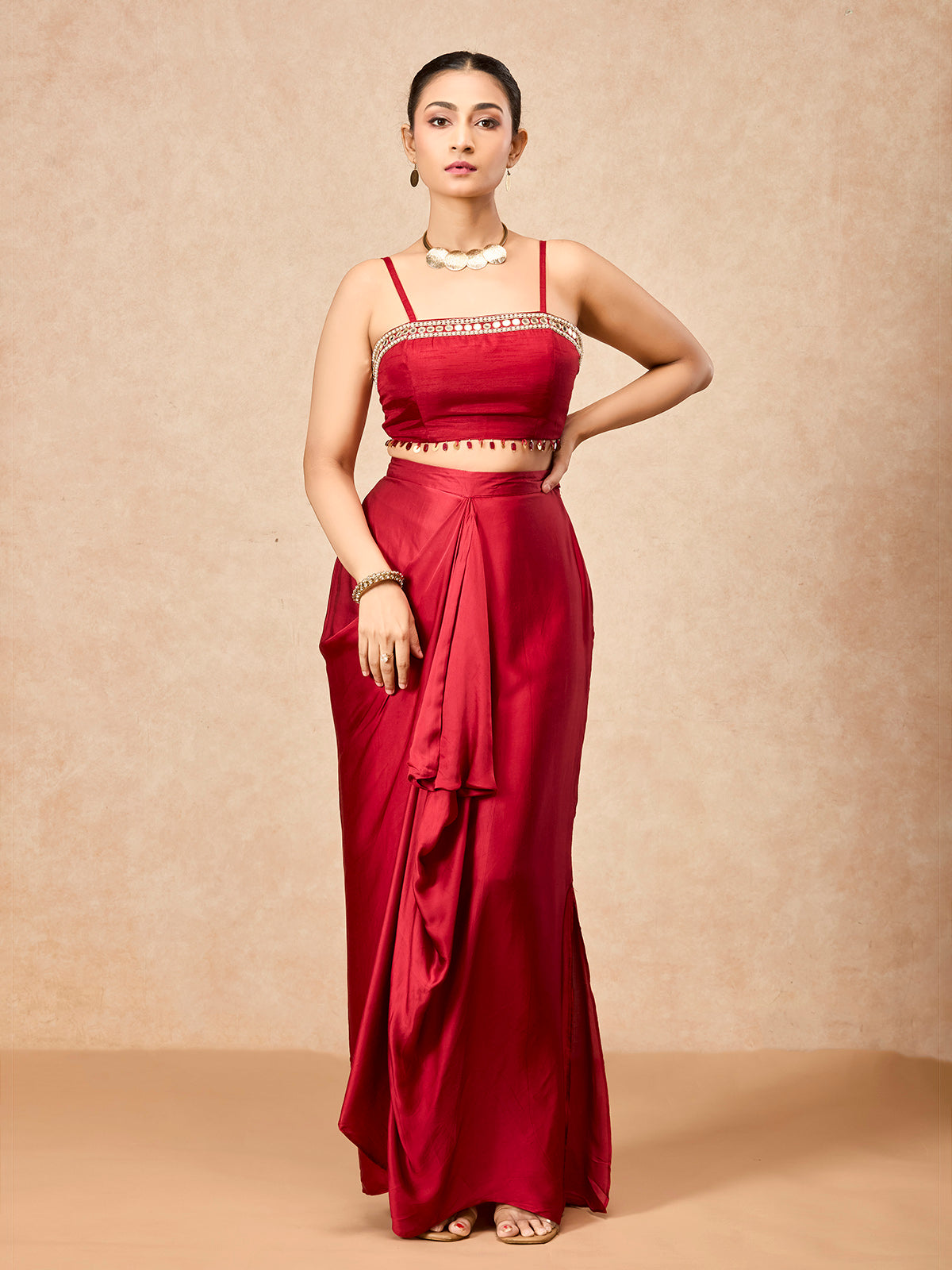 Ruby red women embellished draped skirt indo western suit