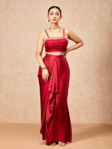 Ruby red women embellished draped skirt indo western suit