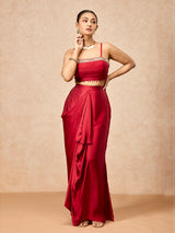 Ruby red women embellished draped skirt indo western suit