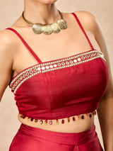 Ruby red women embellished draped skirt indo western suit