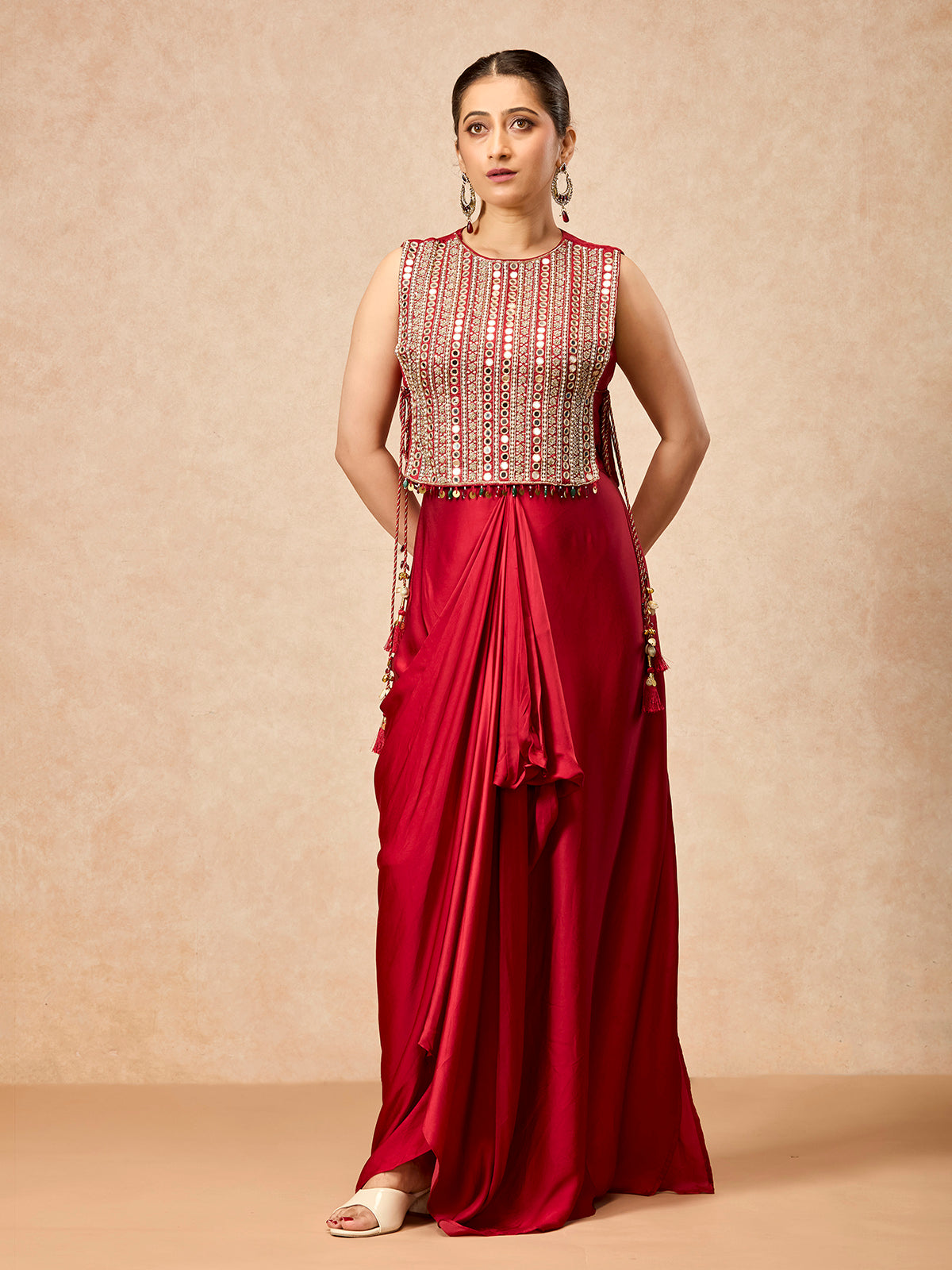 Crimson red women draped skirt indo western suit