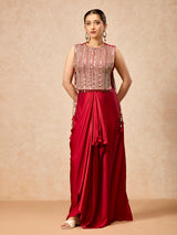Crimson red women draped skirt indo western suit