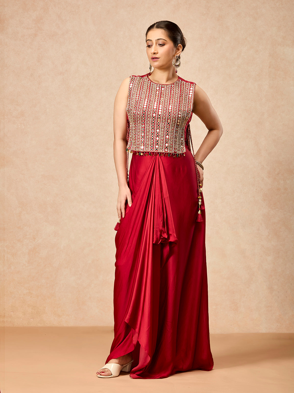 Crimson red women draped skirt indo western suit