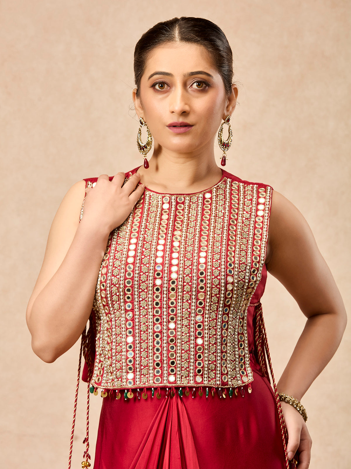 Crimson red women draped skirt indo western suit