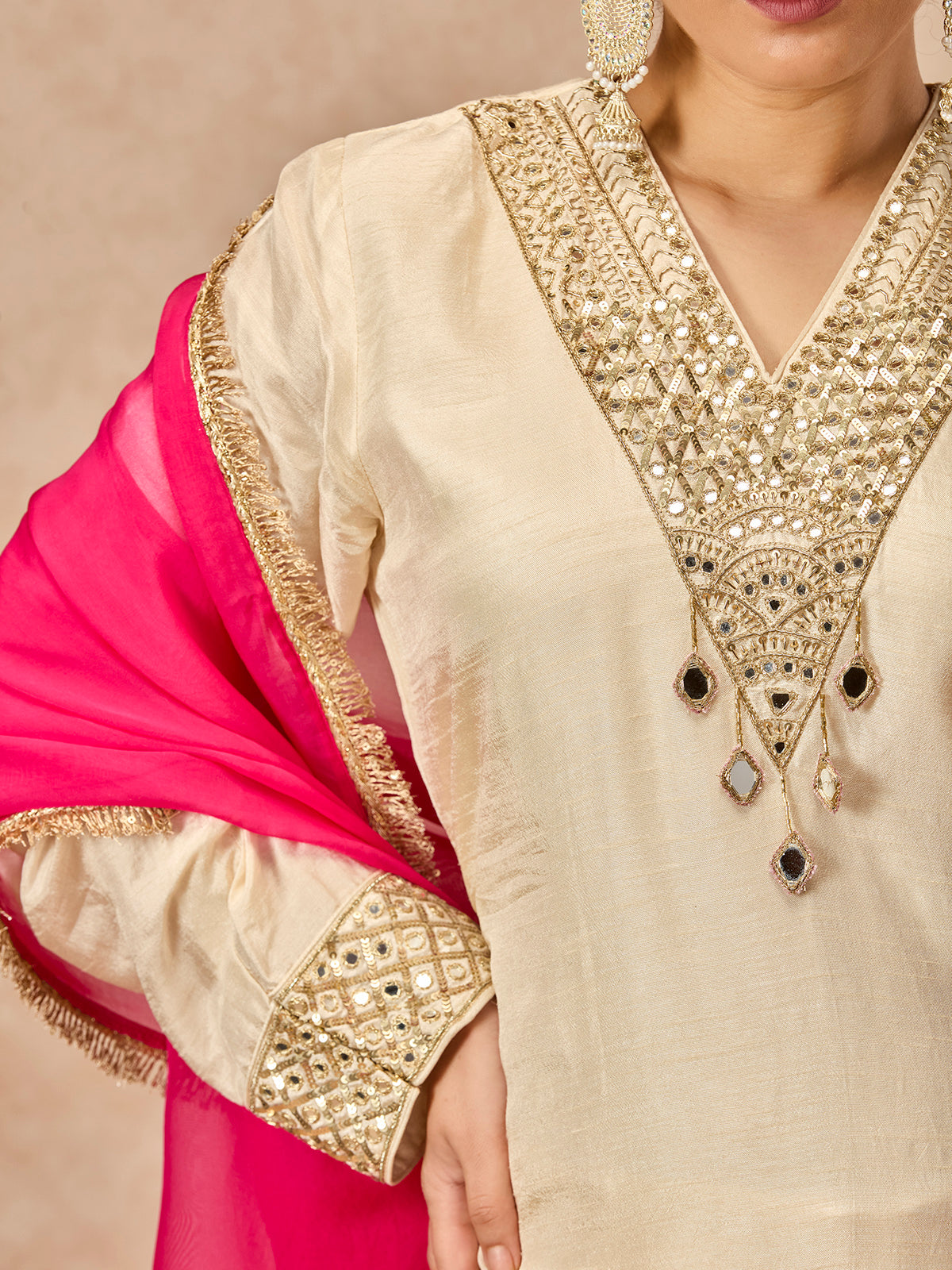 Beige women mirror embellished pant suit