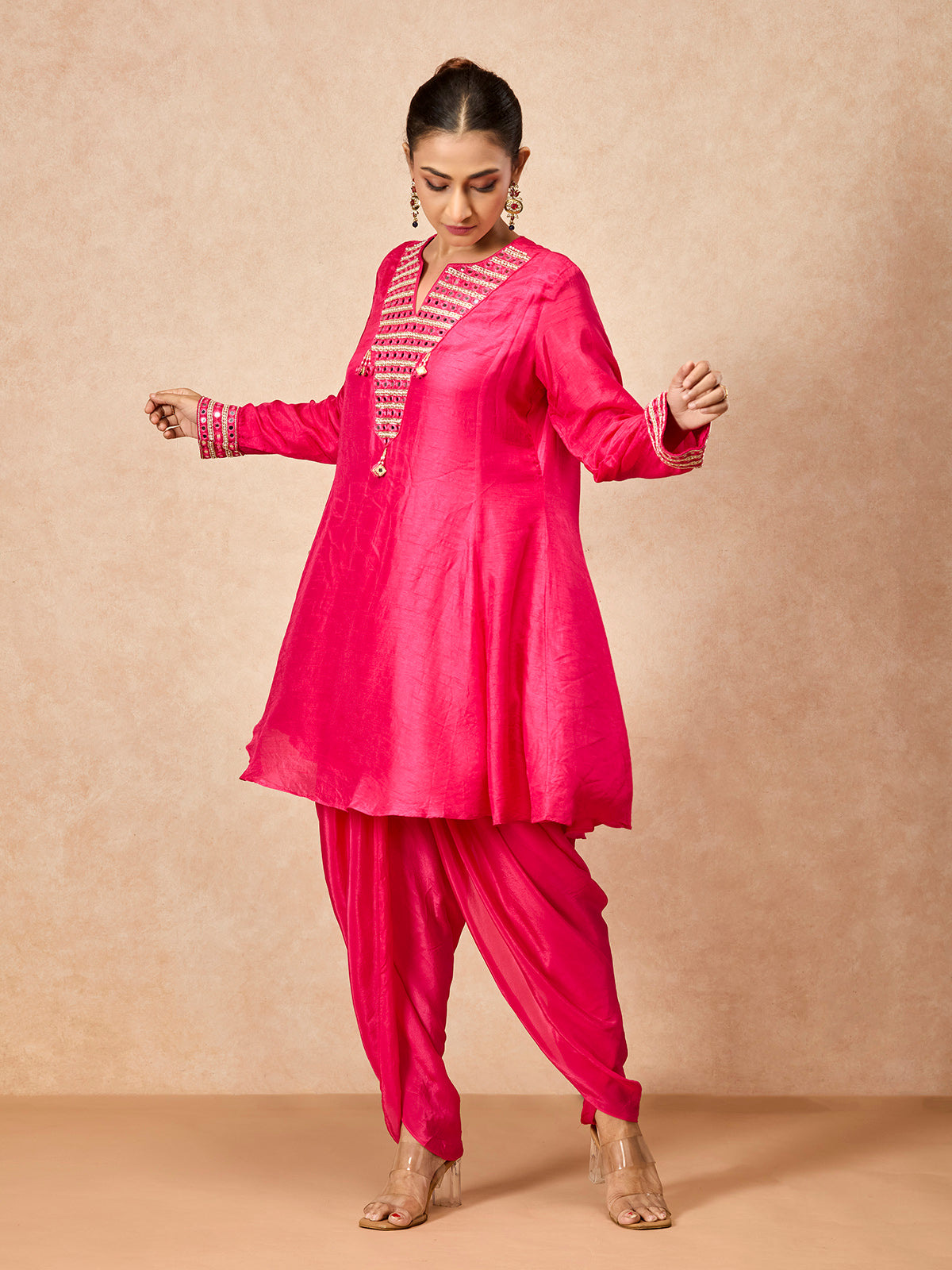 Pink women aabla embellished dhoti suit