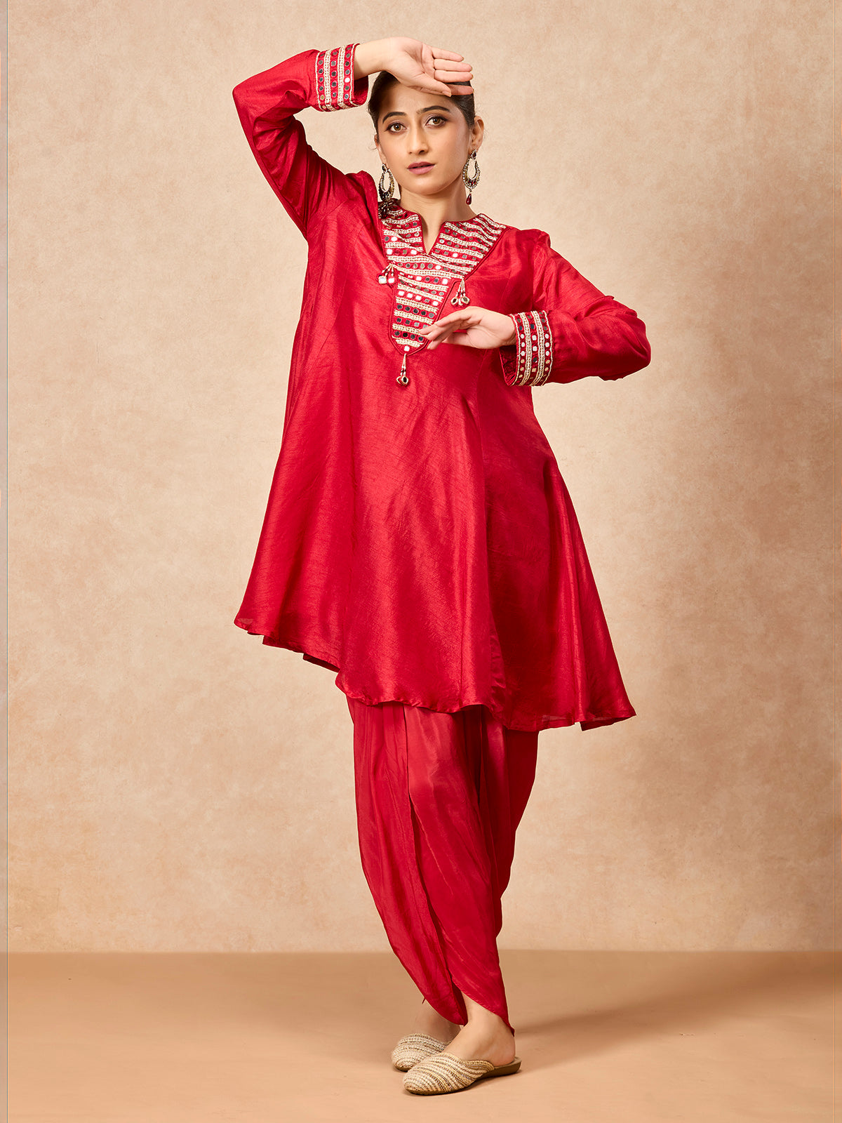 Maroon women aabla embellished dhoti suit