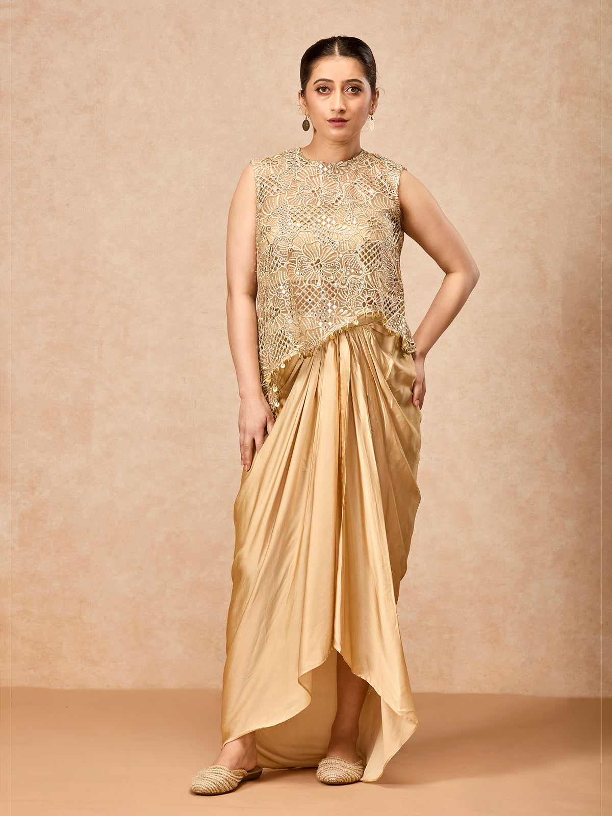 Gold women embellished tulip skirt indo western suit