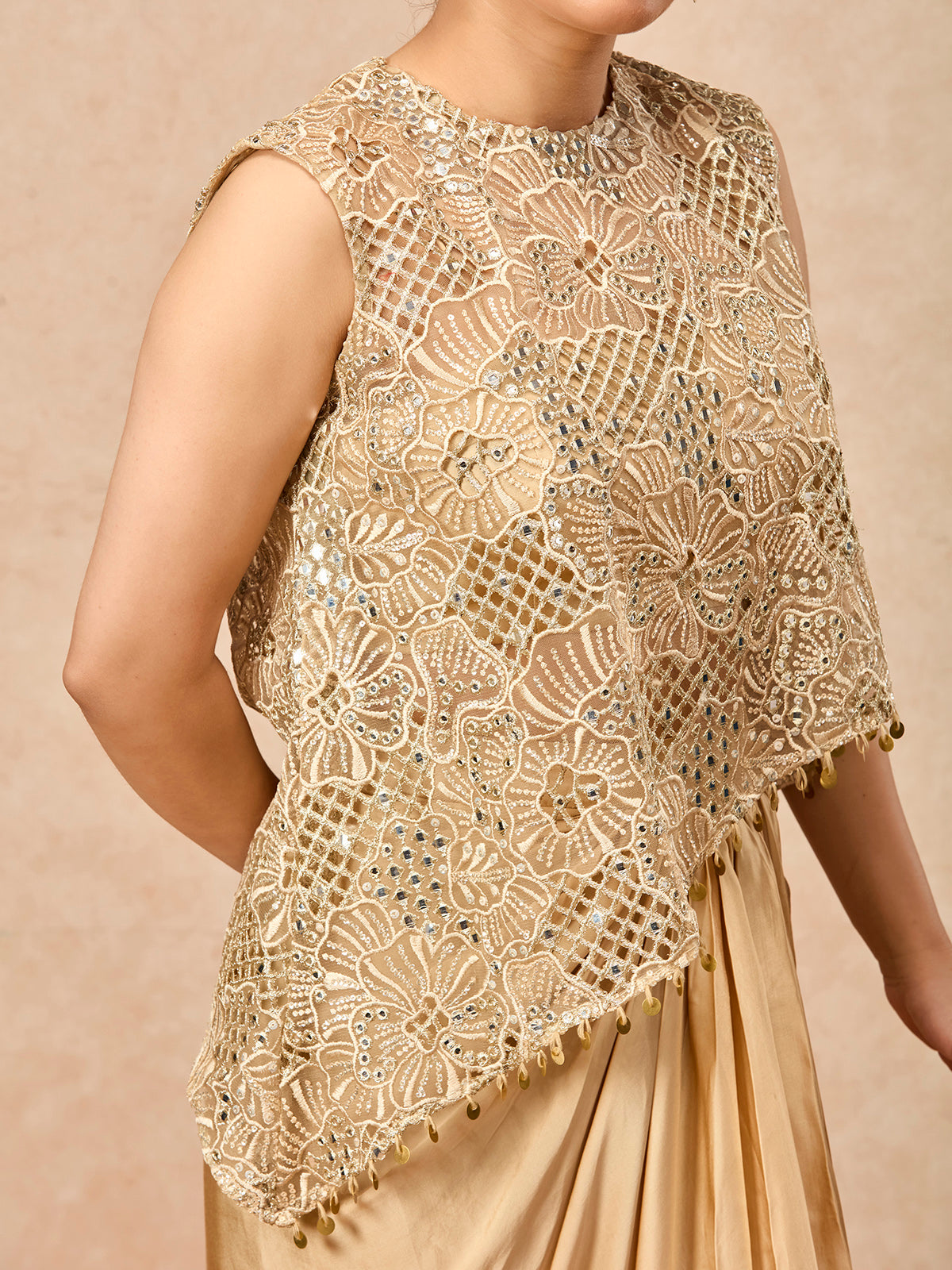 Gold women embellished tulip skirt indo western suit