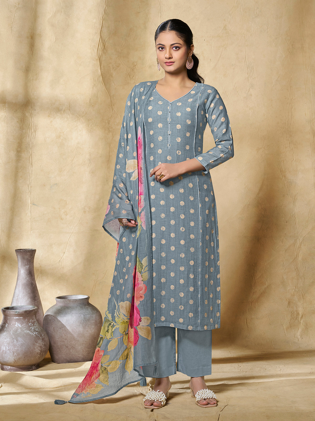Steel blue women artistic floral kurti set