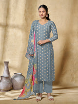 Steel blue women artistic floral kurti set