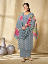 Steel blue women artistic floral kurti set
