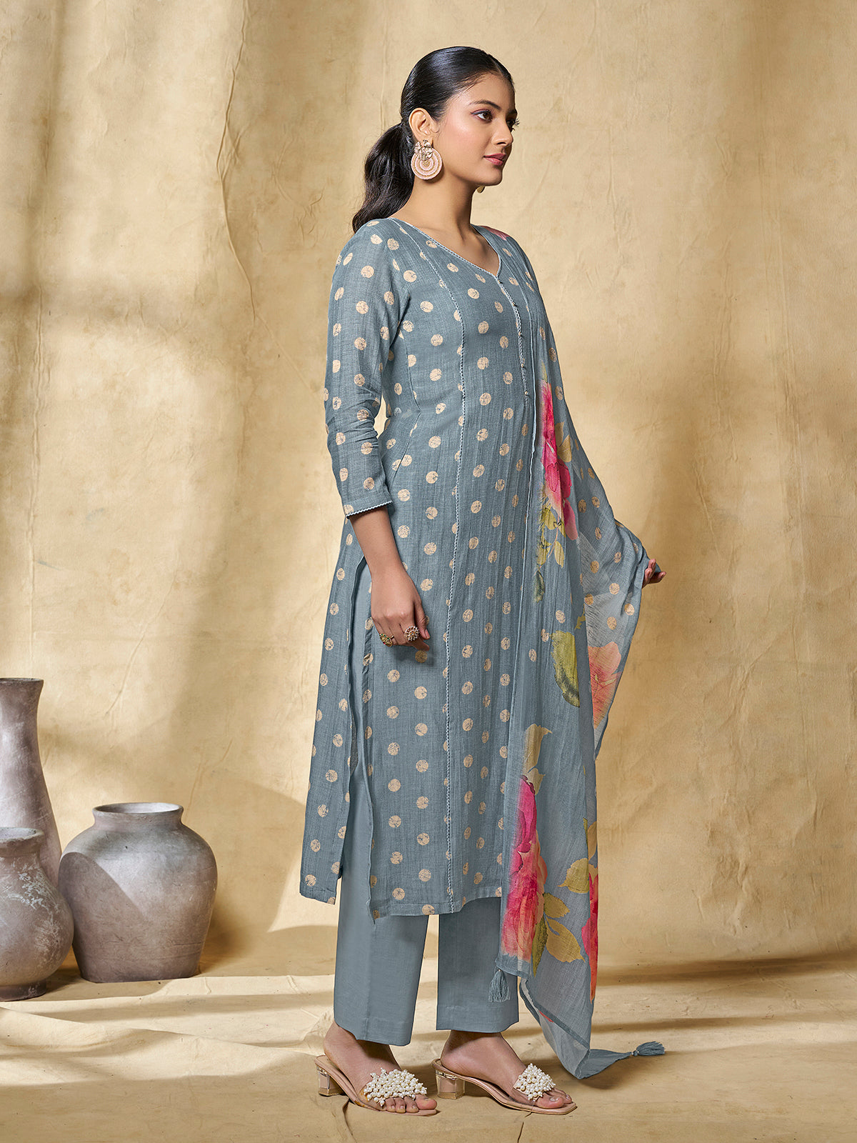 Steel blue women artistic floral kurti set