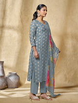 Steel blue women artistic floral kurti set