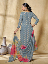 Steel blue women artistic floral kurti set
