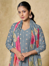 Steel blue women artistic floral kurti set