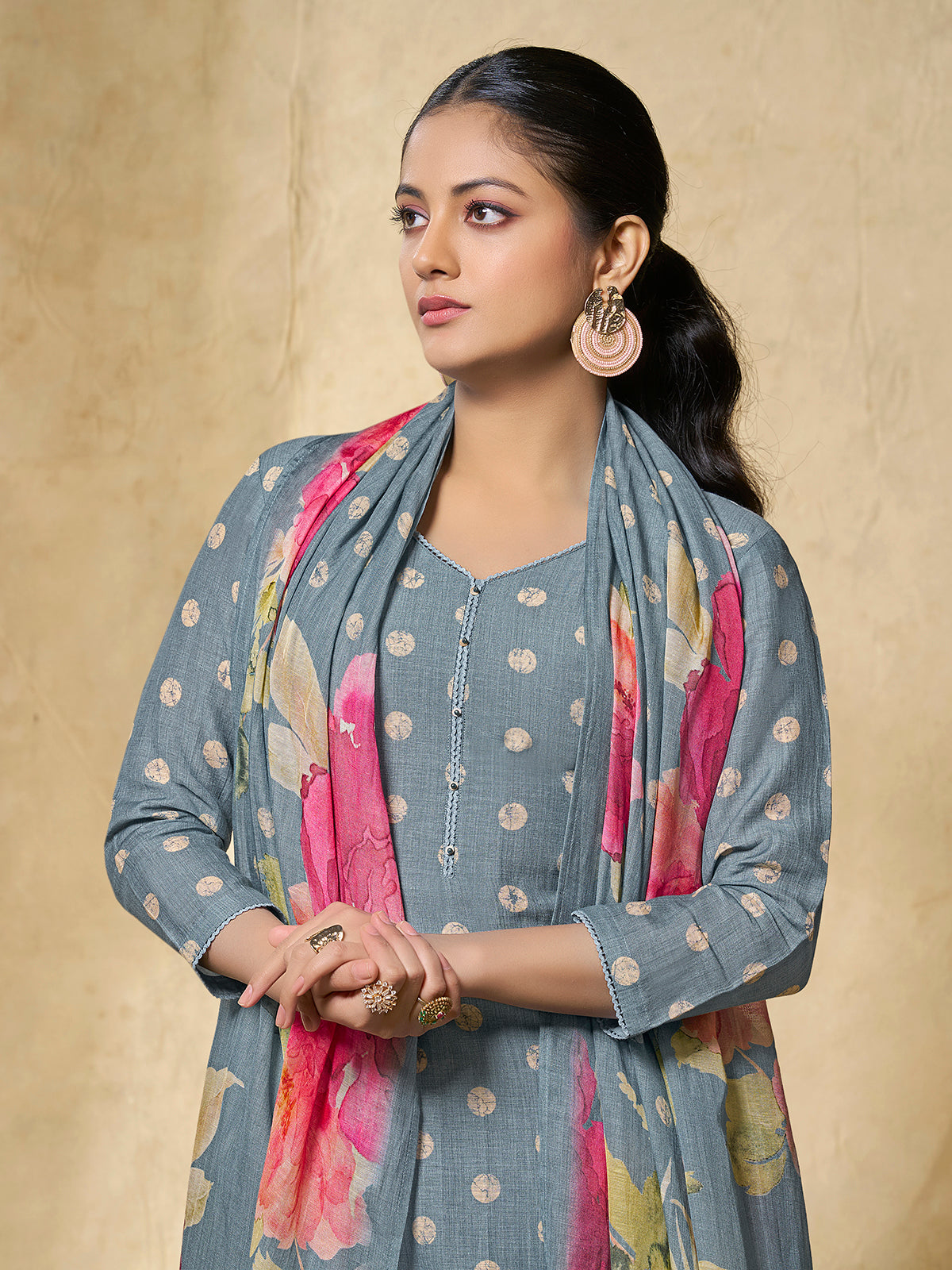 Steel blue women artistic floral kurti set