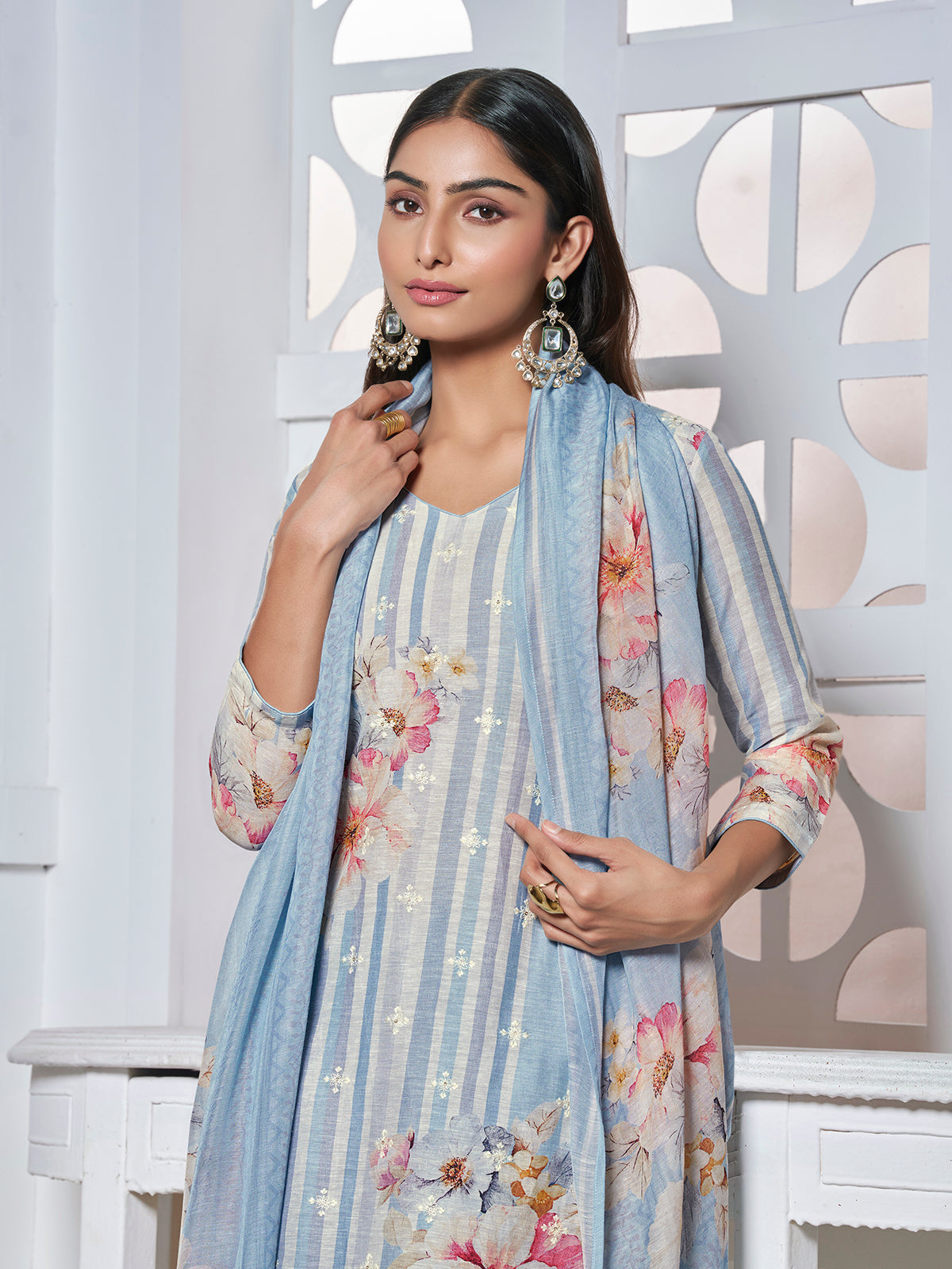 Powder blue women watercolor floral kurti set