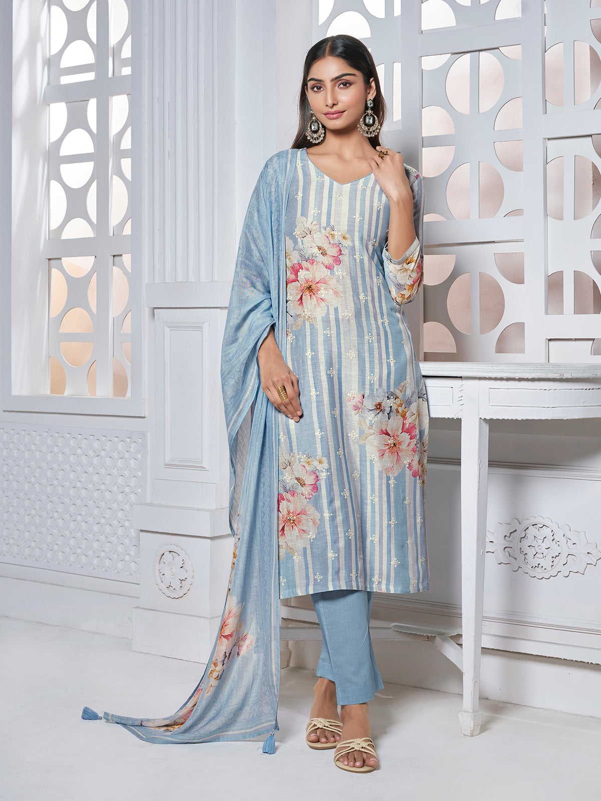 Powder blue women watercolor floral kurti set
