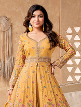Yellow silk embroidered anarkali suit for women