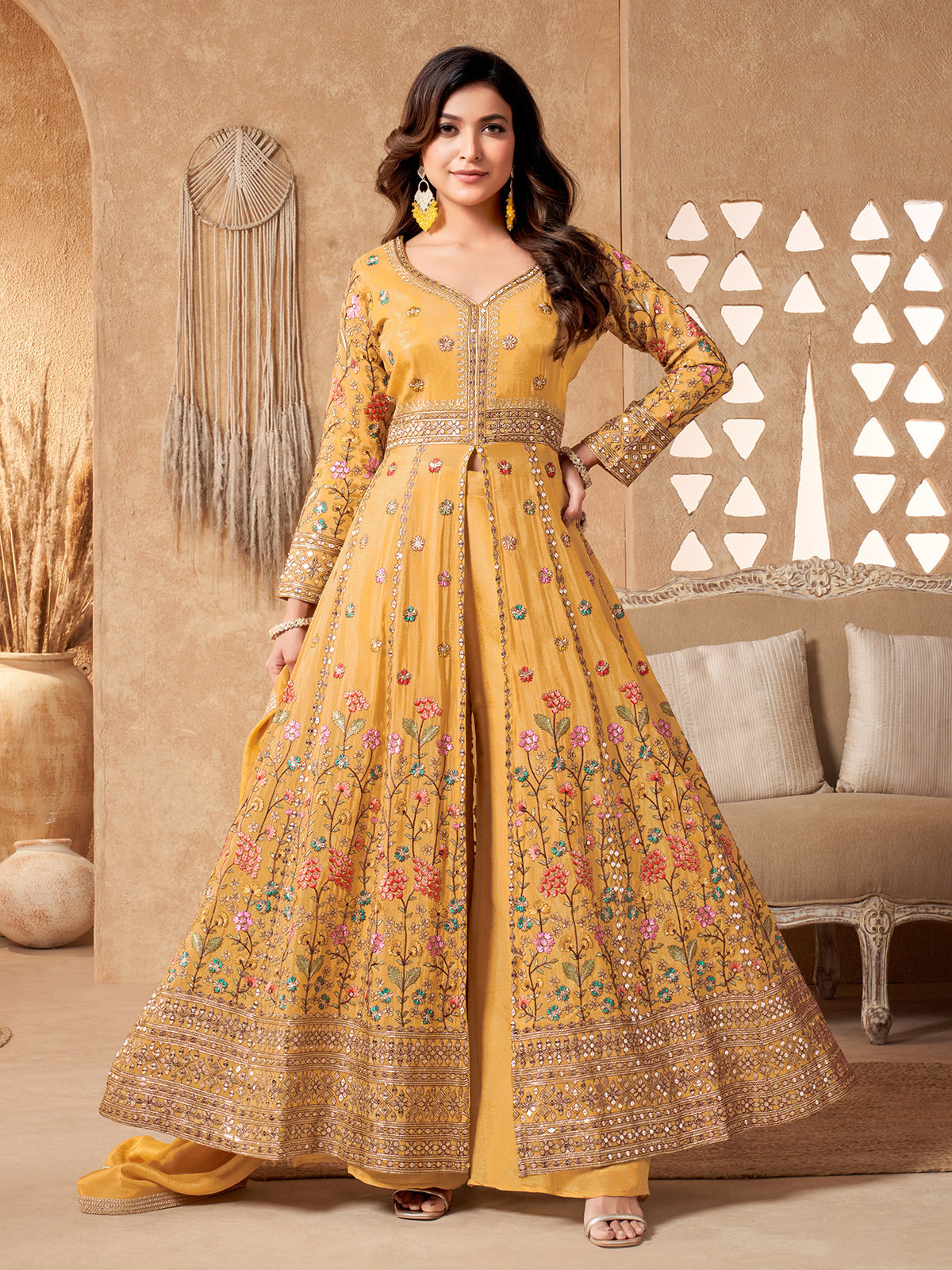 Yellow silk embroidered anarkali suit for women