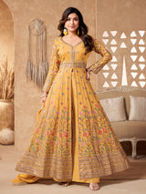 Yellow silk embroidered anarkali suit for women
