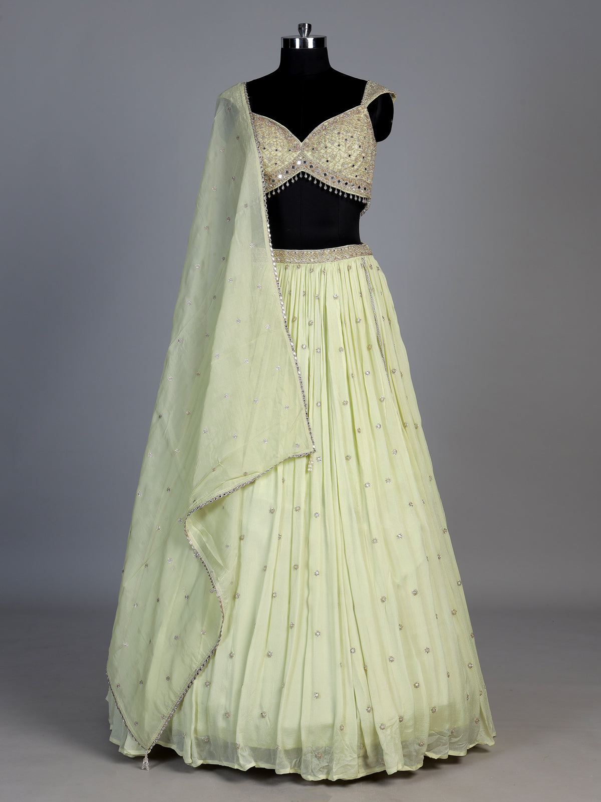Pista green embellished chiffon lehenga choli with dupatta