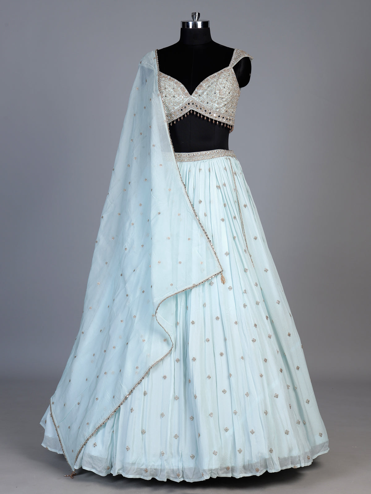 Mint blue chiffon embellished lehenga choli with dupatta