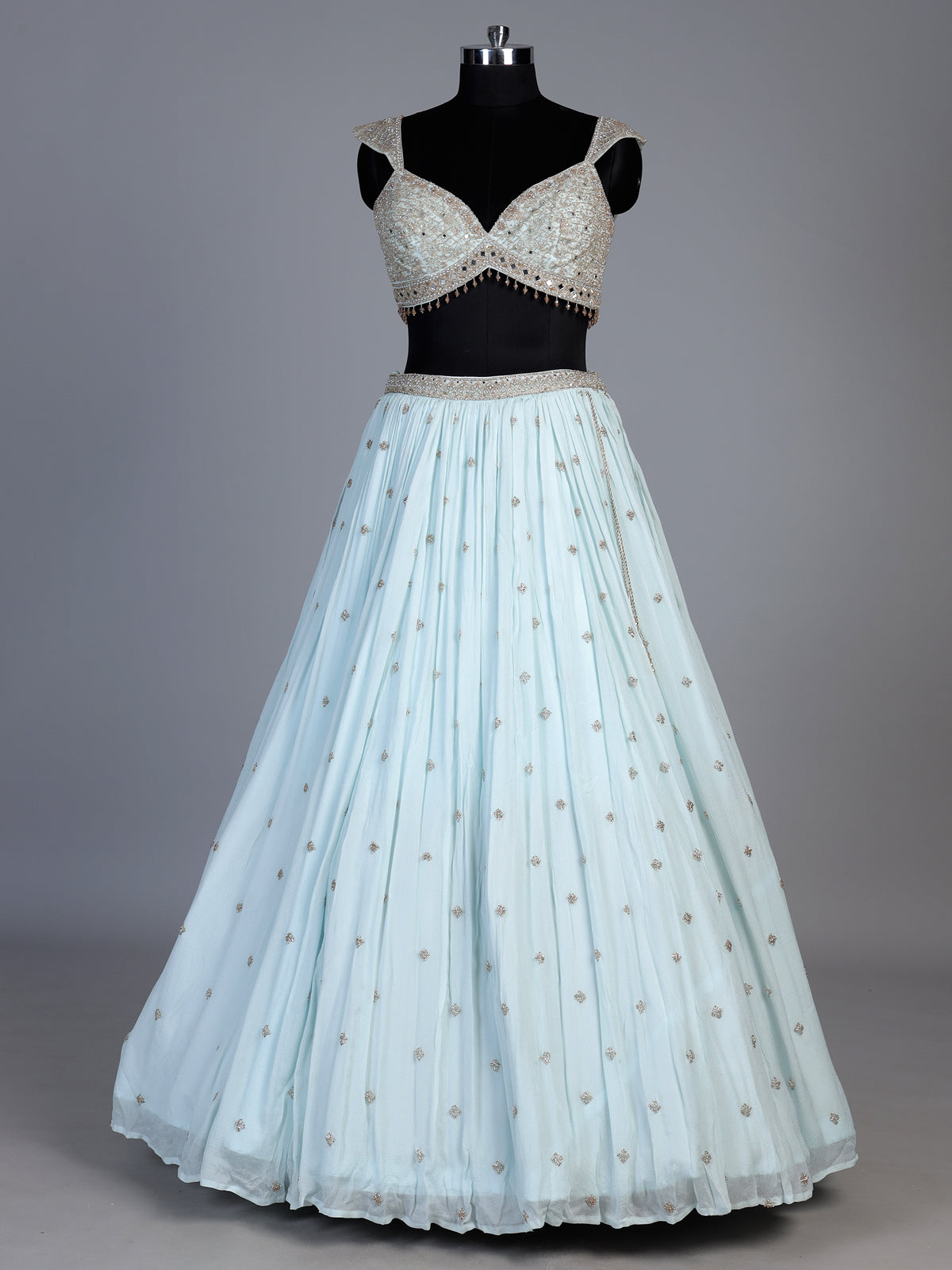 Mint blue chiffon embellished lehenga choli with dupatta
