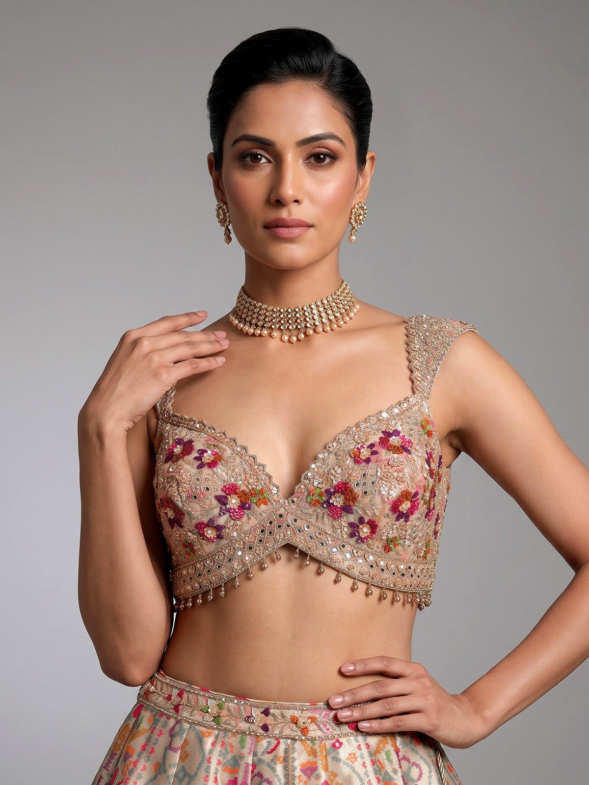 Pastel grey jacquard geometric floral lehenga choli with dupatta