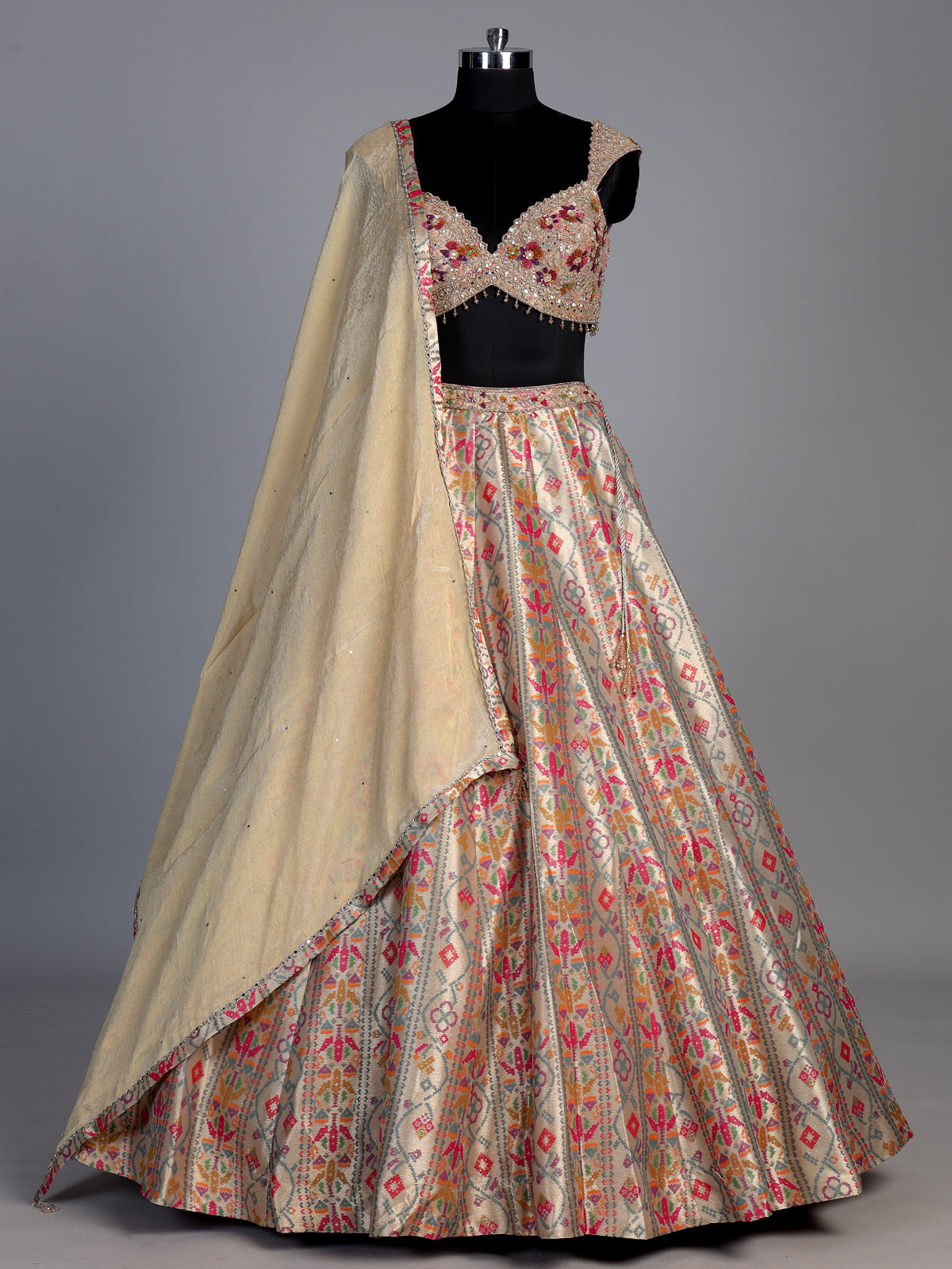 Pastel grey jacquard geometric floral lehenga choli with dupatta