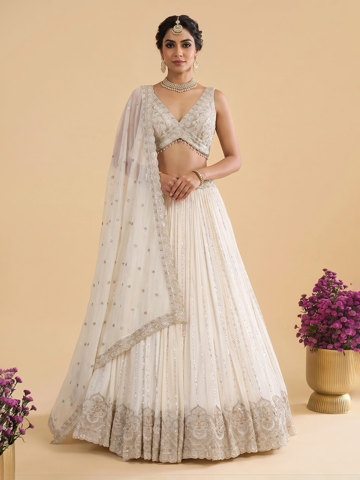 Cream georgette resham embellished lehenga choli with dupatta