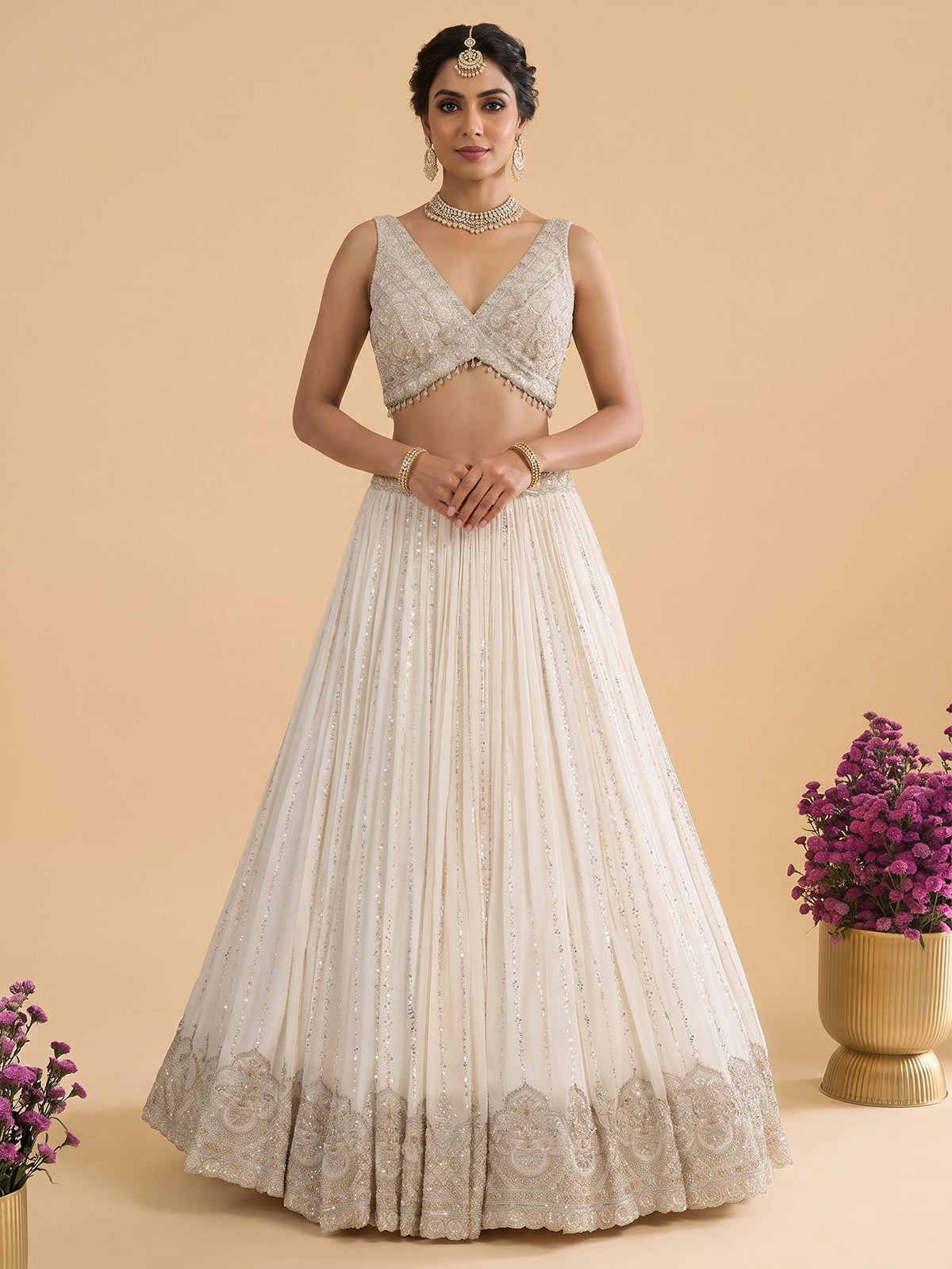 Cream georgette resham embellished lehenga choli with dupatta