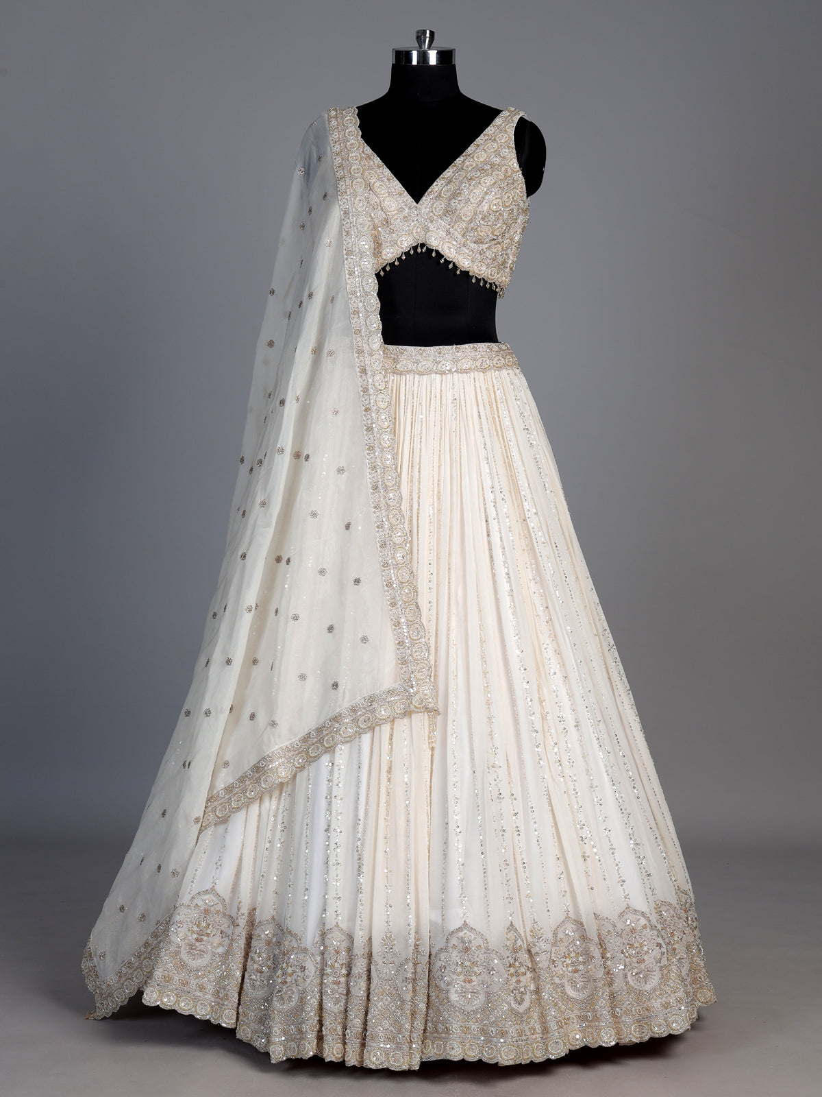 Cream georgette resham embellished lehenga choli with dupatta