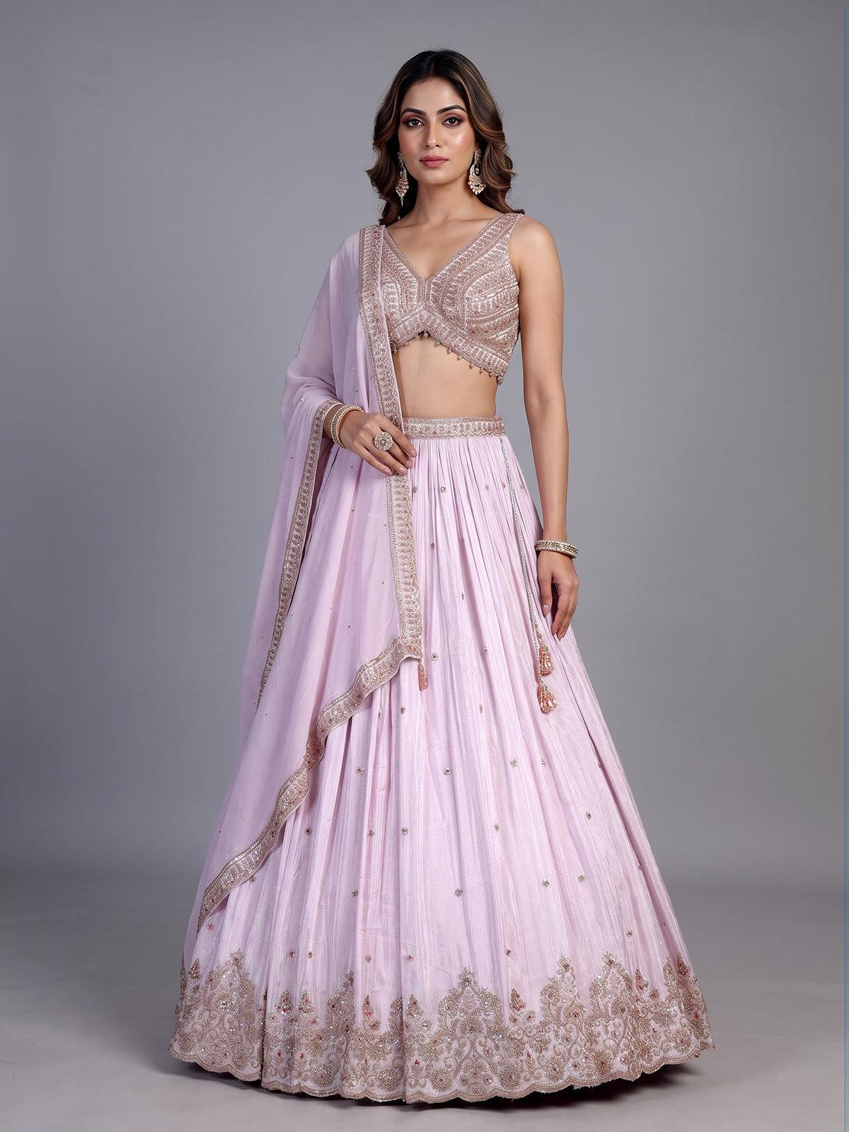 Pink silk embellished lehenga choli with elegant dupatta