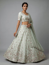 Mint green silk unstitched lehenga choli with dupatta