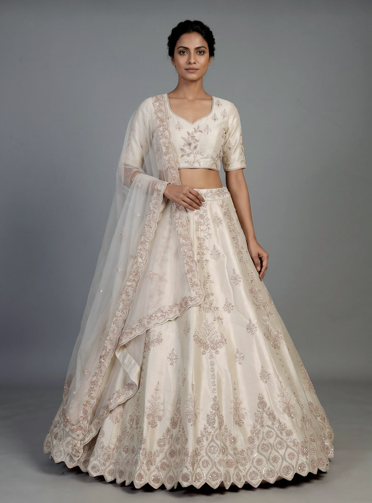 Off white raw silk unstitched lehenga choli for weddings