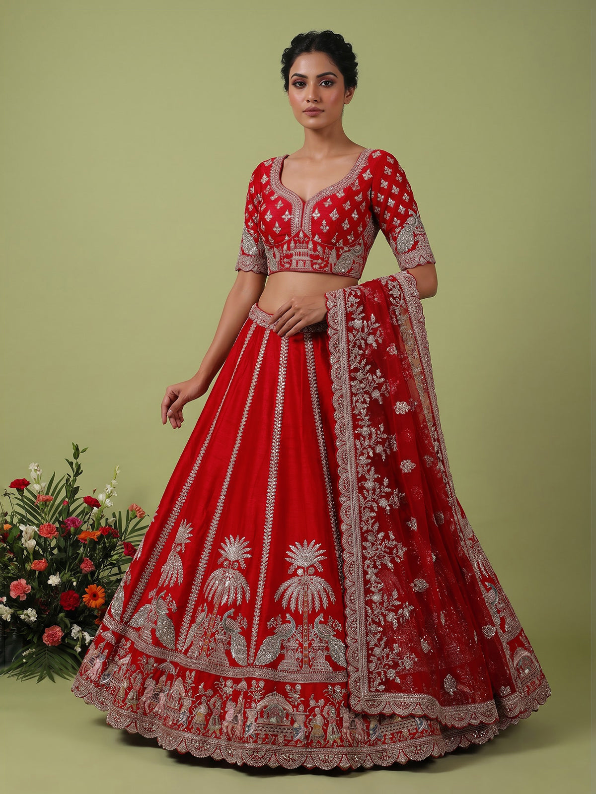 Red bridal raw silk unstitched lehenga choli