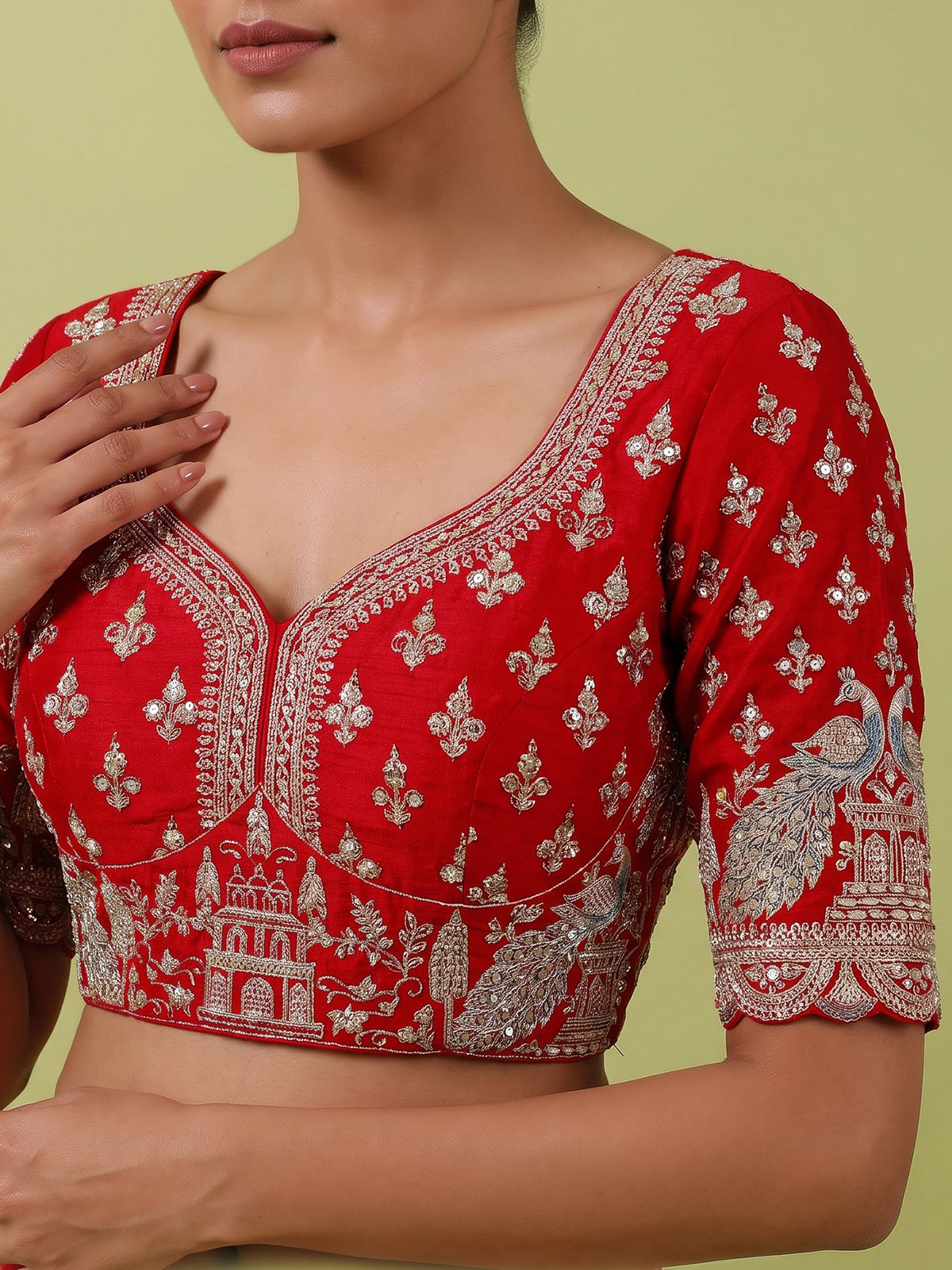 Red bridal raw silk unstitched lehenga choli