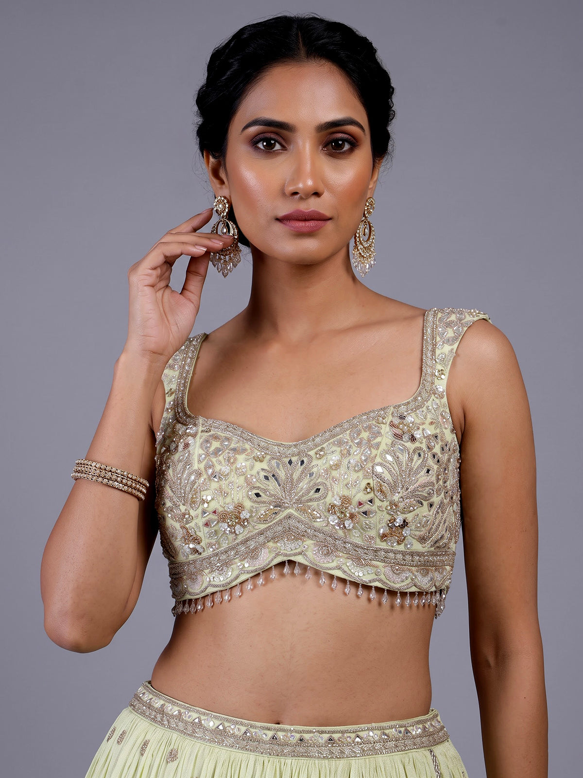 Pista green chiffon georgette lehenga with elegant sparkle