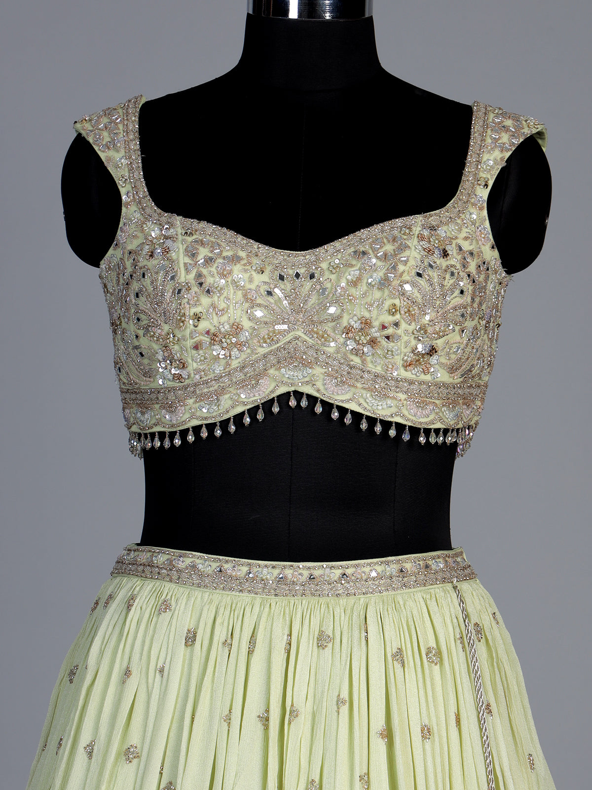 Pista green chiffon georgette lehenga with elegant sparkle