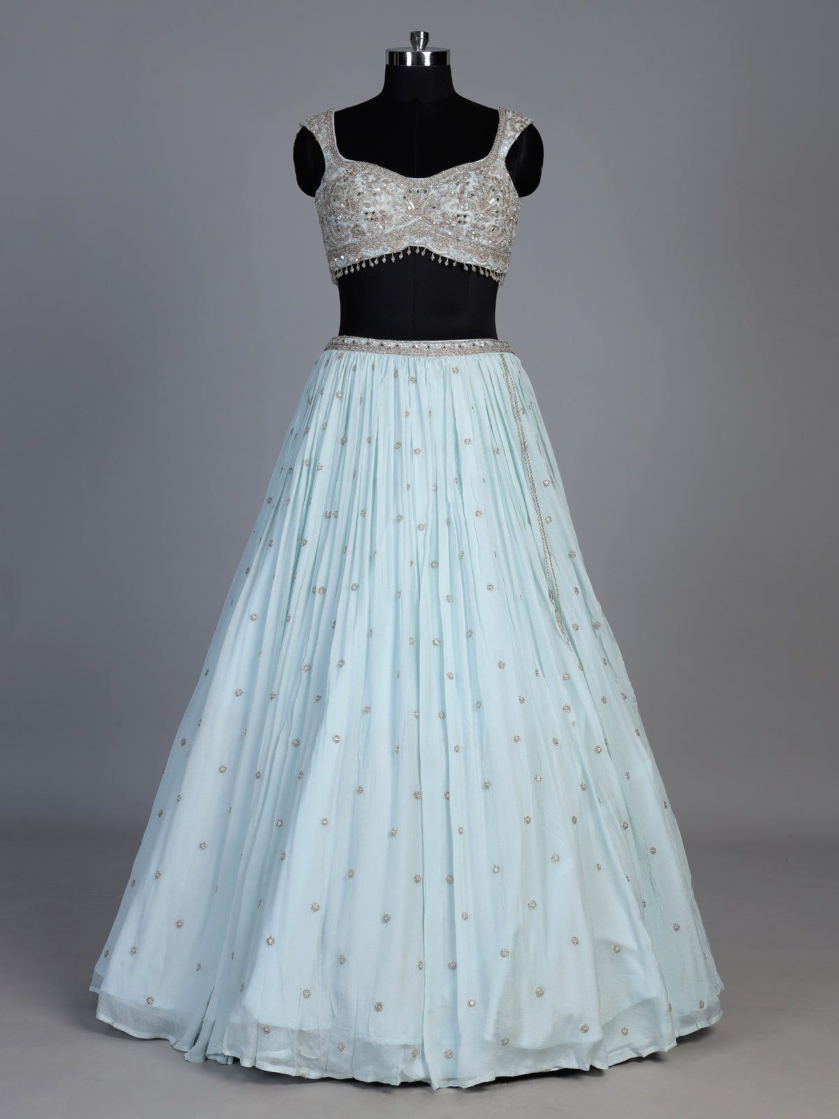 Sky blue chiffon georgette lehenga with sparkling embellishments