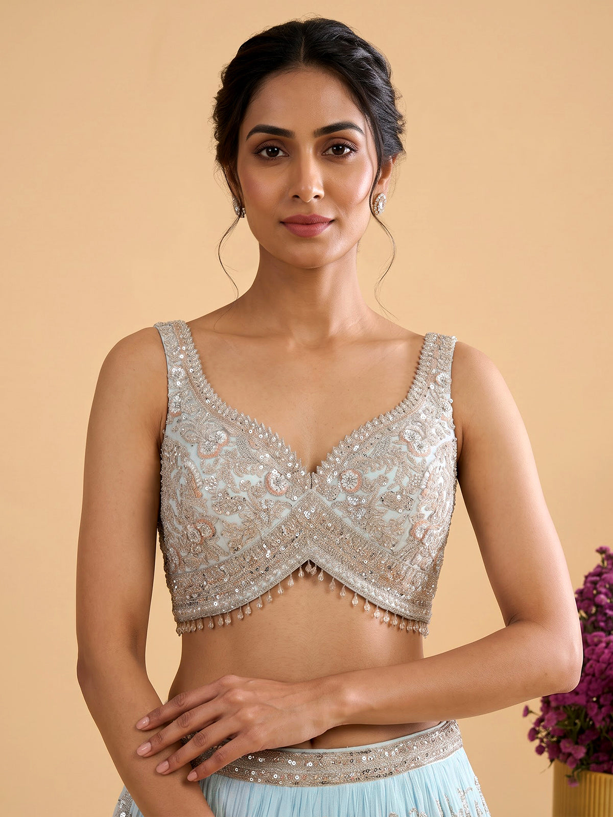 Mint blue georgette lehenga with floral embellished elegance