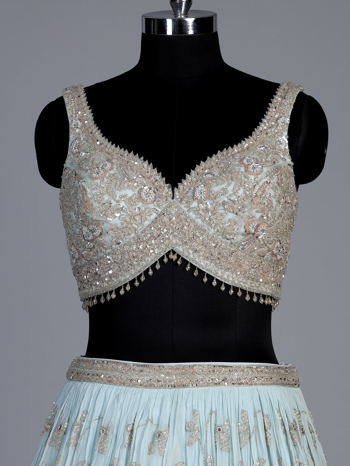 Mint blue georgette lehenga with floral embellished elegance
